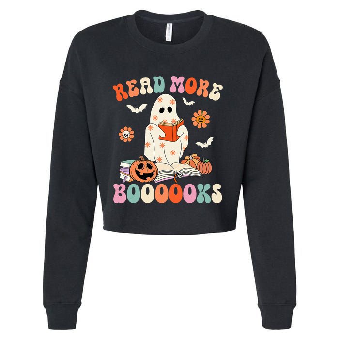 Groovy Read More Books Cute Ghost Boo Funny Halloween Spooky Cropped Pullover Crew