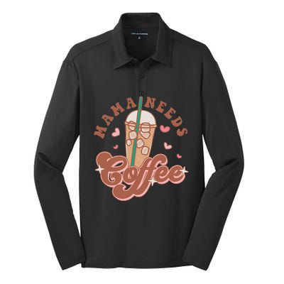 Groovy Retro Mama Needs Coffee Funny Mother's Day Silk Touch Performance Long Sleeve Polo