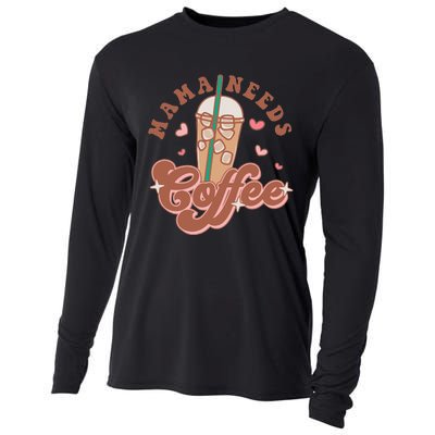 Groovy Retro Mama Needs Coffee Funny Mother's Day Cooling Performance Long Sleeve Crew