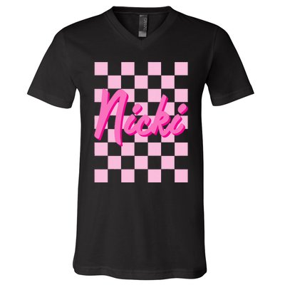 Girl Retro Nicki First Name Personalized Groovy Birthday V-Neck T-Shirt