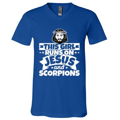 Girl Runs On Jesus And Scorpions Gift V-Neck T-Shirt