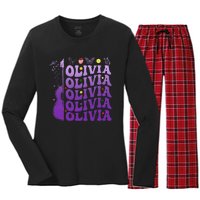 Girl Retro Olivia First Name Personalized Women's Long Sleeve Flannel Pajama Set 