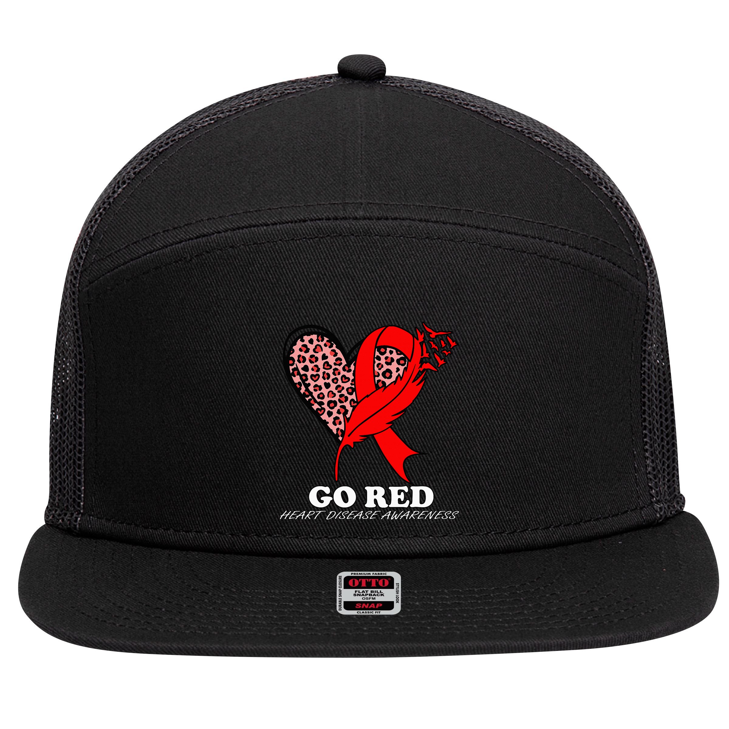 Go Red October Heart Disease Awareness Heart Leopard Ribbon 7 Panel Mesh Trucker Snapback Hat