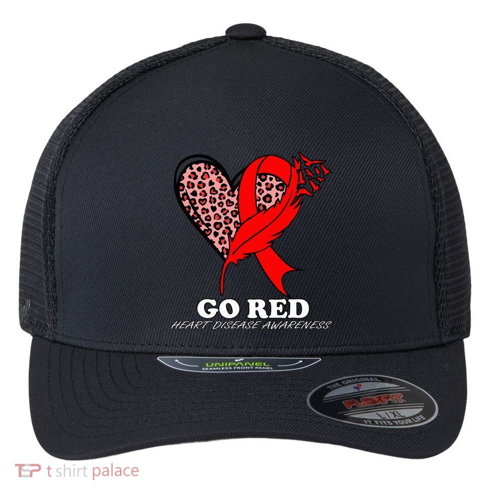 Go Red October Heart Disease Awareness Heart Leopard Ribbon Flexfit Unipanel Trucker Cap