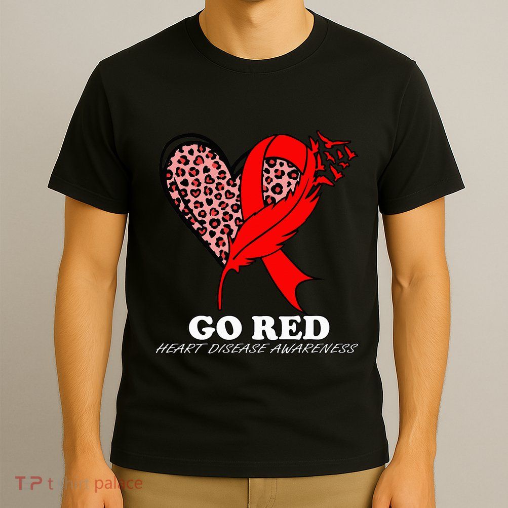 Go Red October Heart Disease Awareness Heart Leopard Ribbon T-Shirt