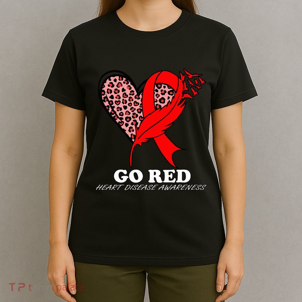 Go Red October Heart Disease Awareness Heart Leopard Ribbon T-Shirt