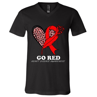 Go Red October Heart Disease Awareness Heart Leopard Ribbon V-Neck T-Shirt