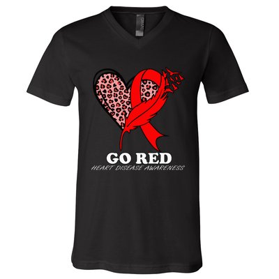 Go Red October Heart Disease Awareness Heart Leopard Ribbon V-Neck T-Shirt