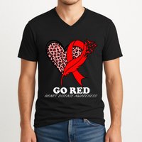 Go Red October Heart Disease Awareness Heart Leopard Ribbon V-Neck T-Shirt
