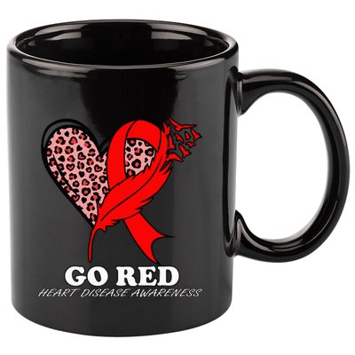 Go Red October Heart Disease Awareness Heart Leopard Ribbon 11oz C Handle Ceramic Mug