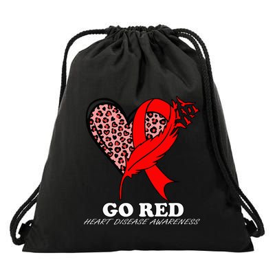Go Red October Heart Disease Awareness Heart Leopard Ribbon Drawstring Bag
