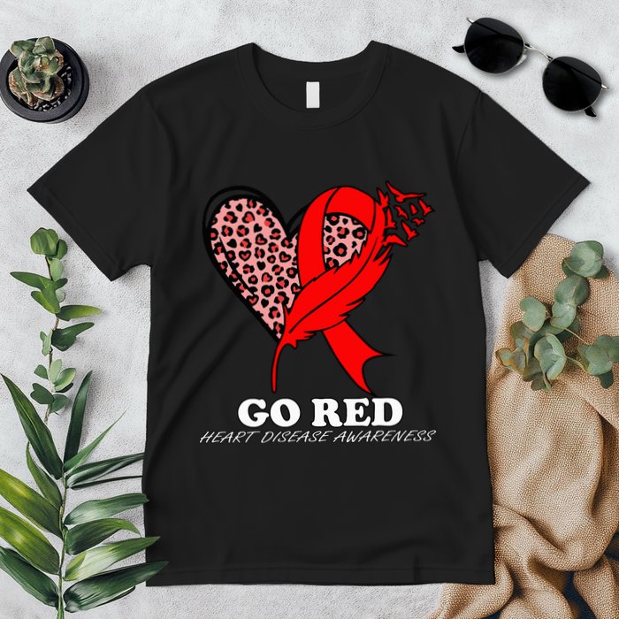 Go Red October Heart Disease Awareness Heart Leopard Ribbon Premium T-Shirt
