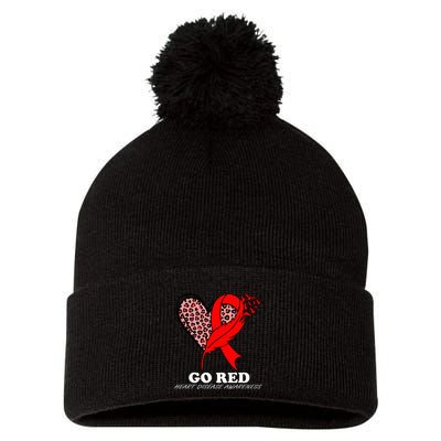 Go Red October Heart Disease Awareness Heart Leopard Ribbon Pom Pom 12in Knit Beanie
