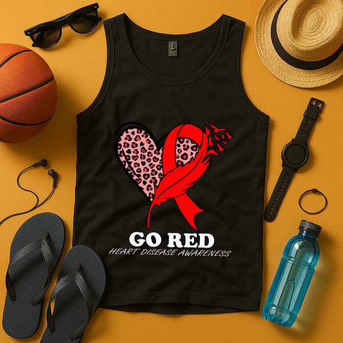 Go Red October Heart Disease Awareness Heart Leopard Ribbon Tank Top