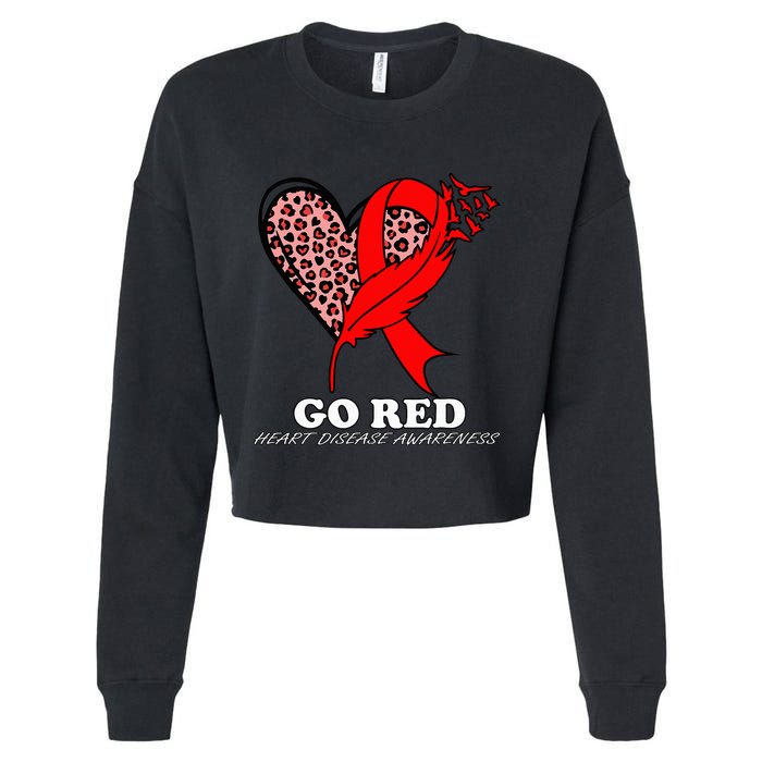 Go Red October Heart Disease Awareness Heart Leopard Ribbon Cropped Pullover Crew