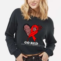 Go Red October Heart Disease Awareness Heart Leopard Ribbon Cropped Pullover Crew