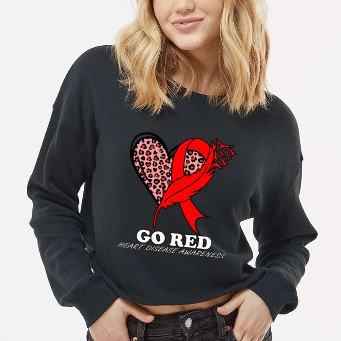 Go Red October Heart Disease Awareness Heart Leopard Ribbon Cropped Pullover Crew