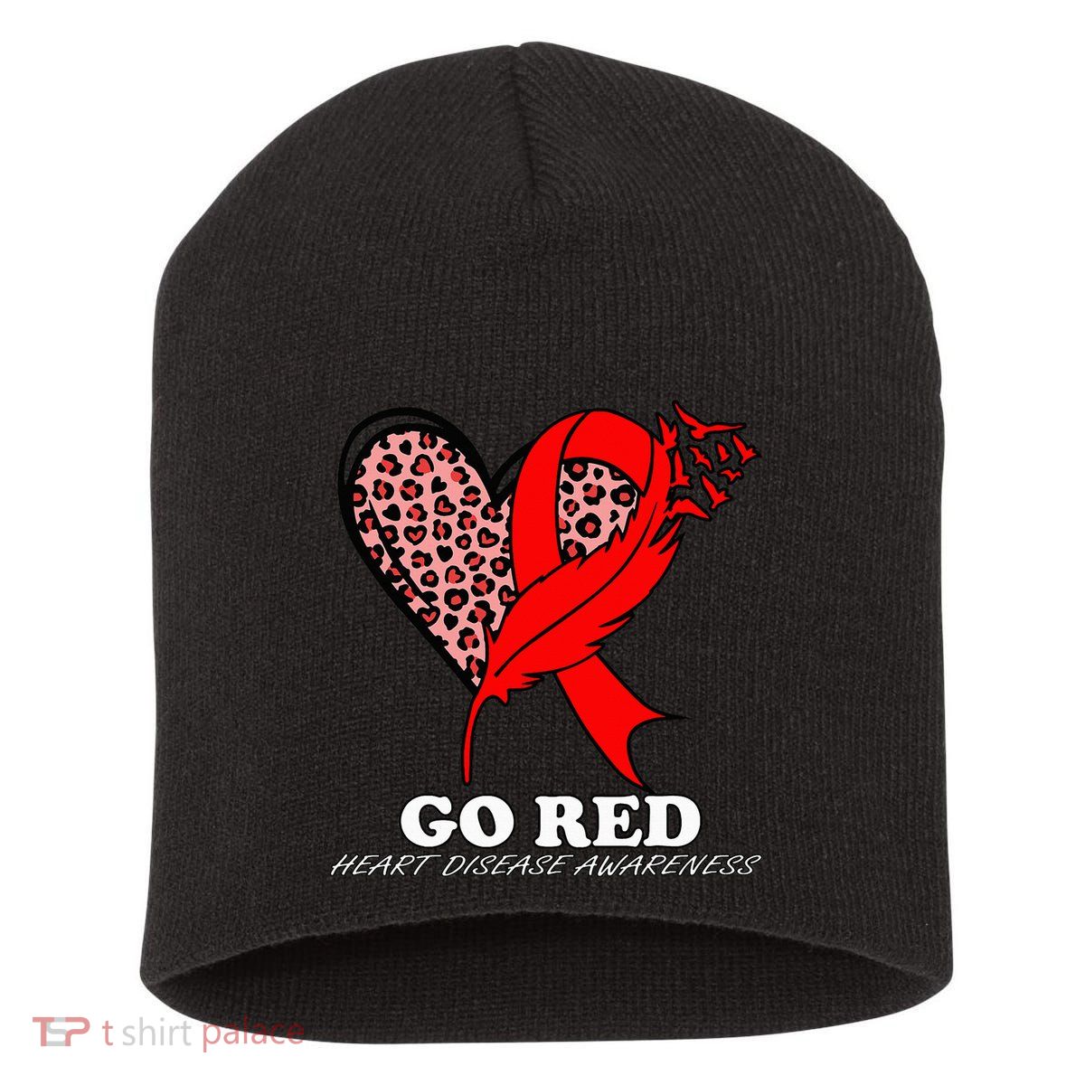 Go Red October Heart Disease Awareness Heart Leopard Ribbon Short Acrylic Beanie