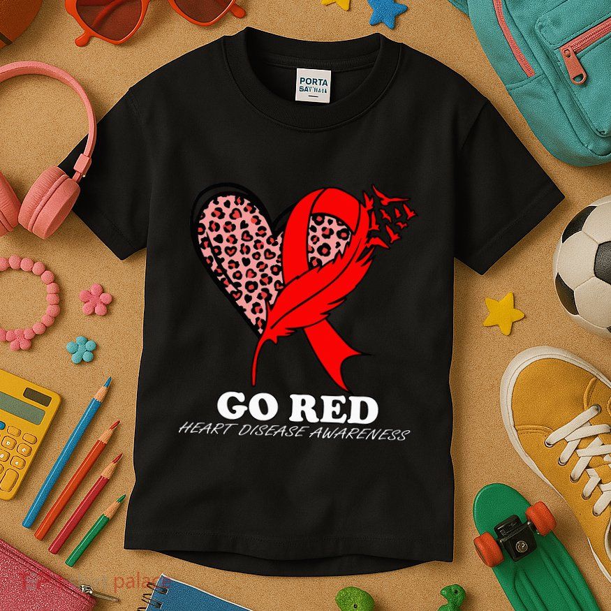 Go Red October Heart Disease Awareness Heart Leopard Ribbon Kids T-Shirt