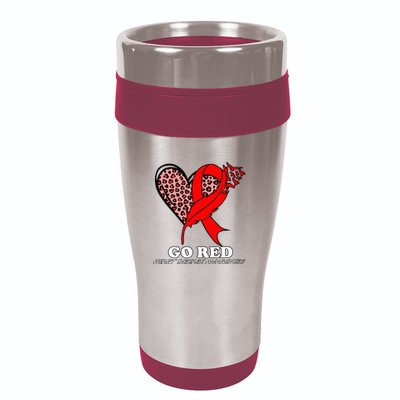 Go Red October Heart Disease Awareness Heart Leopard Ribbon 16oz Travel Tumbler