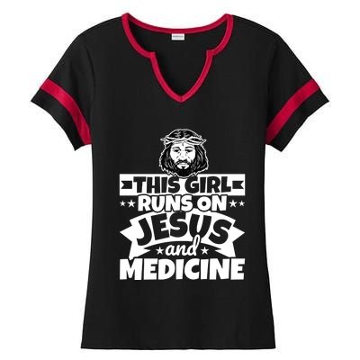 Girl Runs On Jesus And Medicine Cool Gift Ladies Halftime Notch Neck Tee