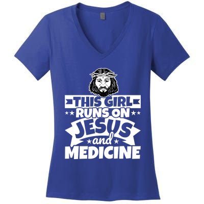 Girl Runs On Jesus And Medicine Cool Gift Women's V-Neck T-Shirt