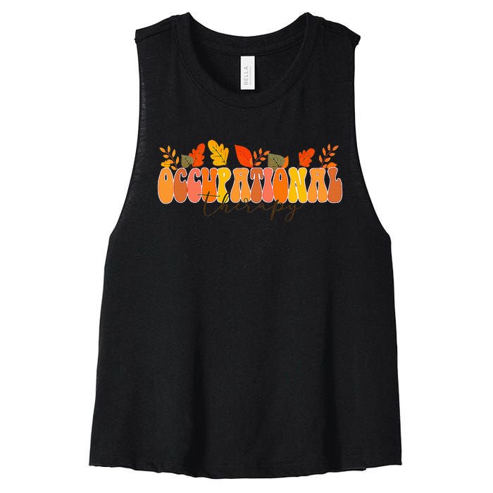 Groovy Retro Occupational Therapy Vintage Fall Leaves Autumn Women's Racerback Cropped Tank