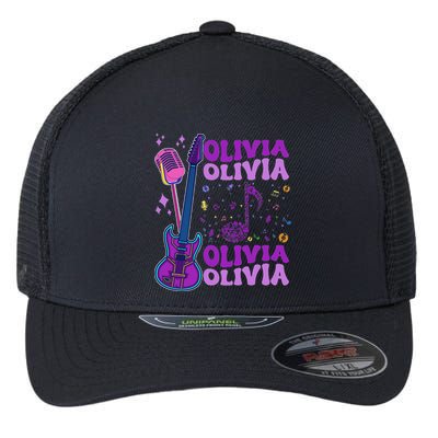 Girl Retro Olivia First Name Personalized Groovy 80S Flexfit Unipanel Trucker Cap