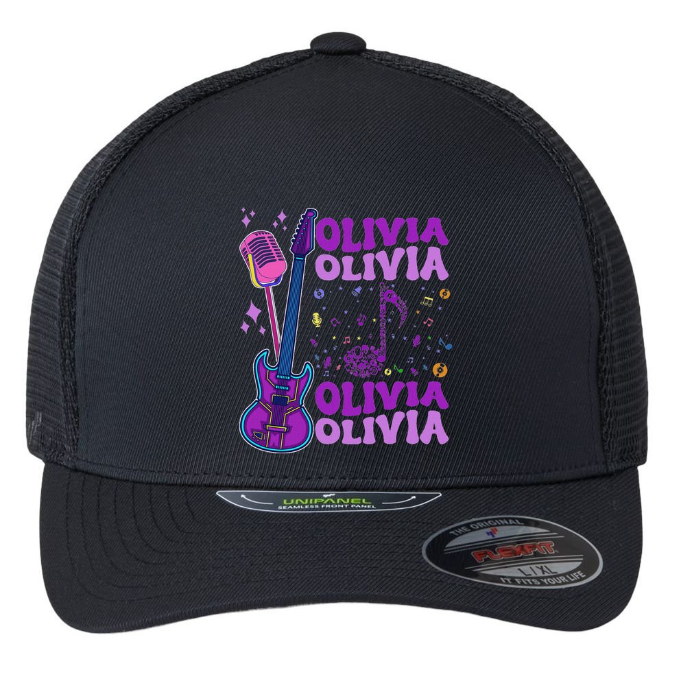 Girl Retro Olivia First Name Personalized Groovy 80S Flexfit Unipanel Trucker Cap