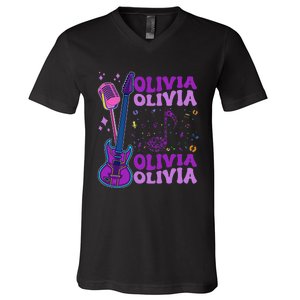 Girl Retro Olivia First Name Personalized Groovy 80S V-Neck T-Shirt