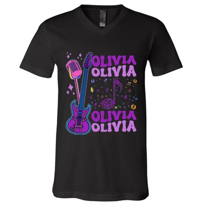 Girl Retro Olivia First Name Personalized Groovy 80S V-Neck T-Shirt