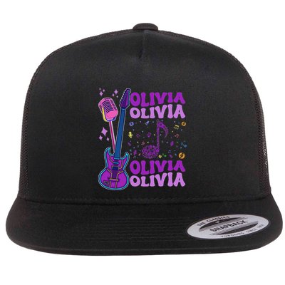 Girl Retro Olivia First Name Personalized Groovy 80S Flatbill Hat