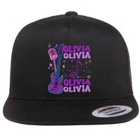 Girl Retro Olivia First Name Personalized Groovy 80S Flat Bill Trucker Hat