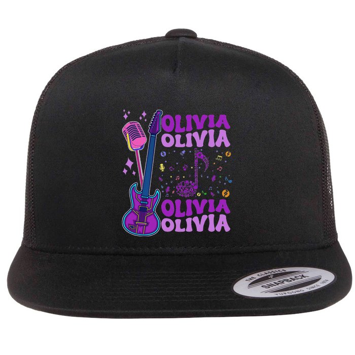Girl Retro Olivia First Name Personalized Groovy 80S Flat Bill Trucker Hat