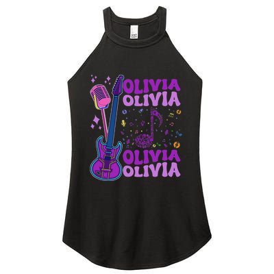 Girl Retro Olivia First Name Personalized Groovy 80S Women's Perfect Tri Rocker Tank