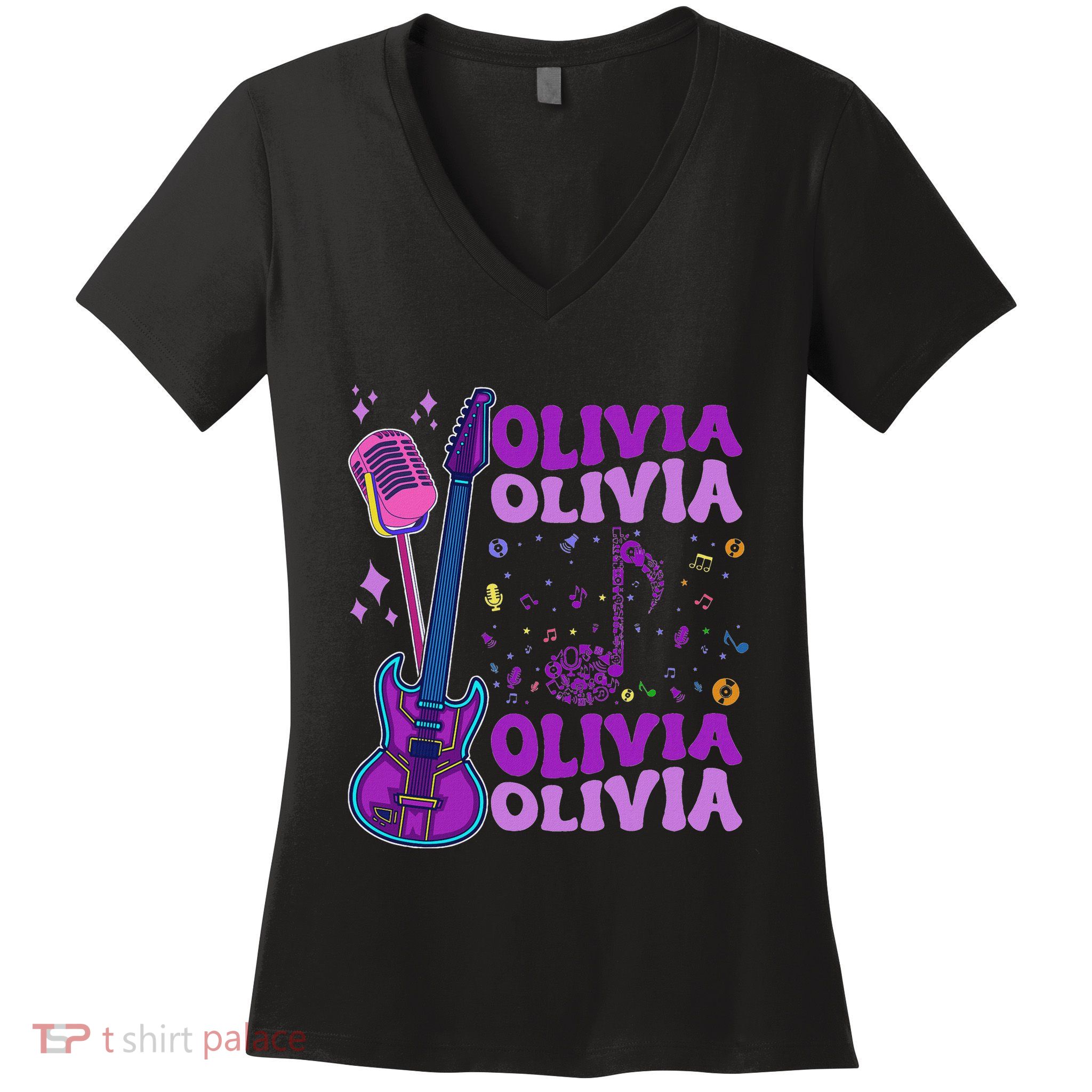 Girl Retro Olivia First Name Personalized Groovy 80S Women's V-Neck T-Shirt