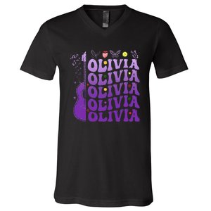 Girl Retro Olivia First Name Personalized Groovy 80S V-Neck T-Shirt