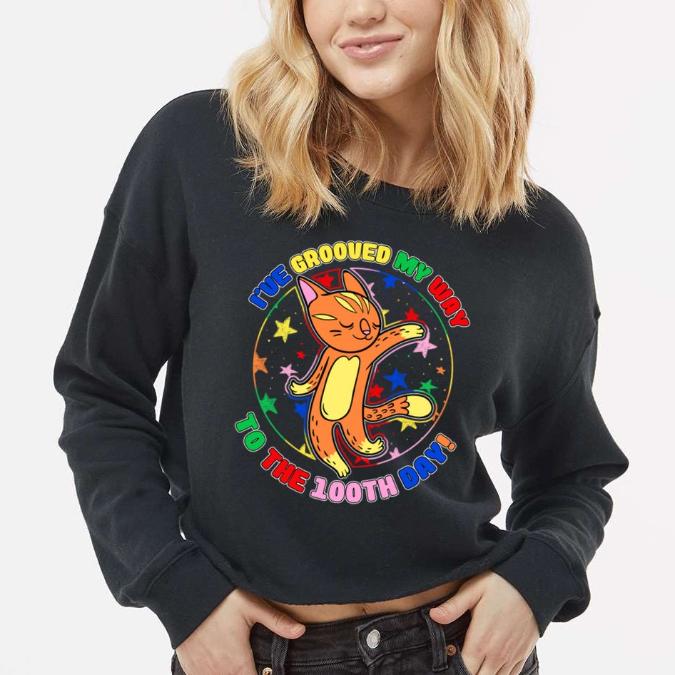 Groovy Cat 100th Day of School Cropped Pullover Crew