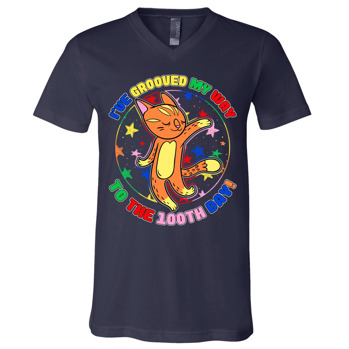 Groovy Cat 100th Day of School V-Neck T-Shirt