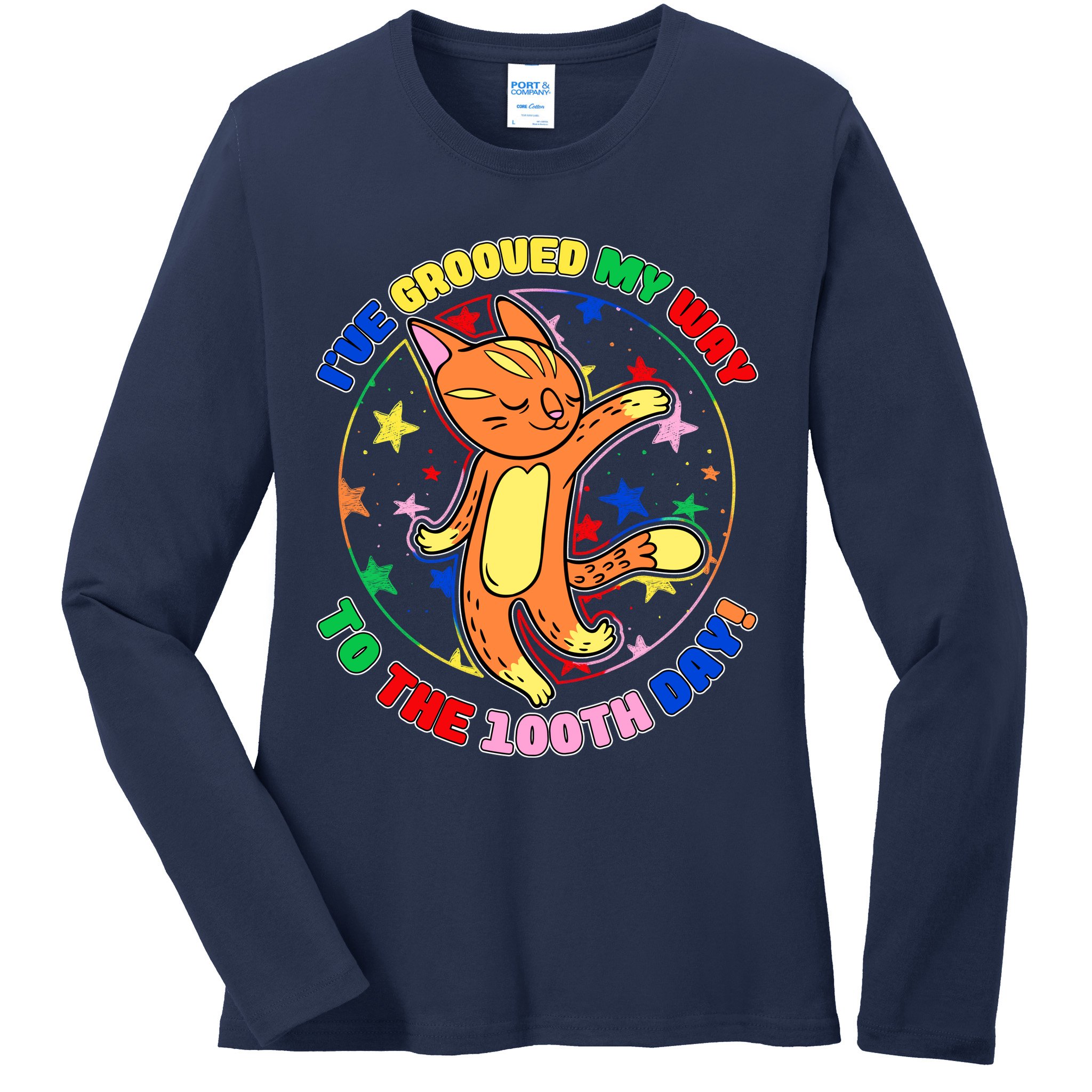 Groovy Cat 100th Day of School Ladies Long Sleeve Shirt