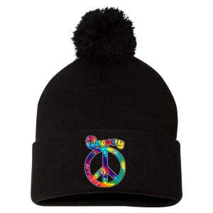 Groovy Peace Sign Pom Pom 12in Knit Beanie