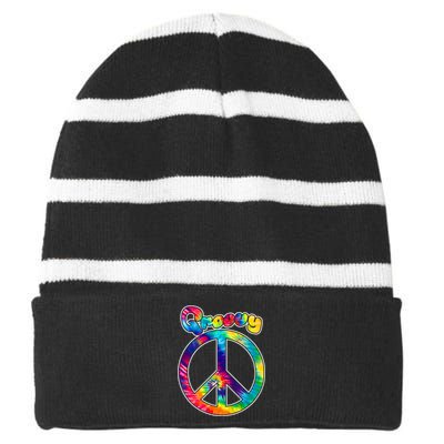 Groovy Peace Sign Striped Beanie with Solid Band