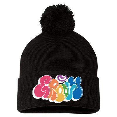 Groovy Retro Colorful Pom Pom 12in Knit Beanie