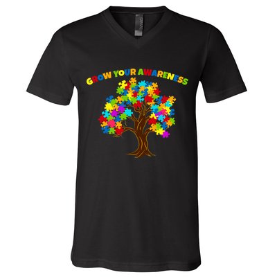 Grow Your Awareness Autism Puzzle Tree V-Neck T-Shirt