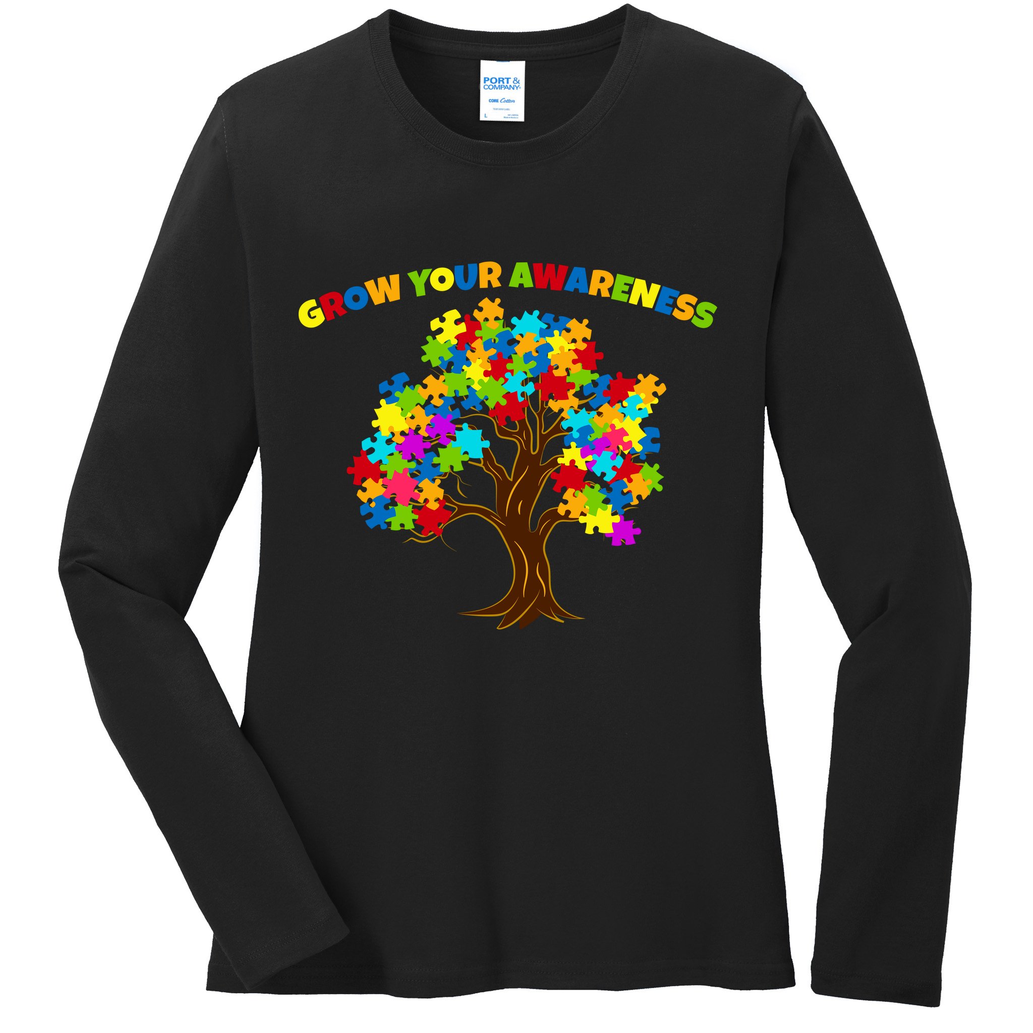 Grow Your Awareness Autism Puzzle Tree Ladies Long Sleeve Shirt