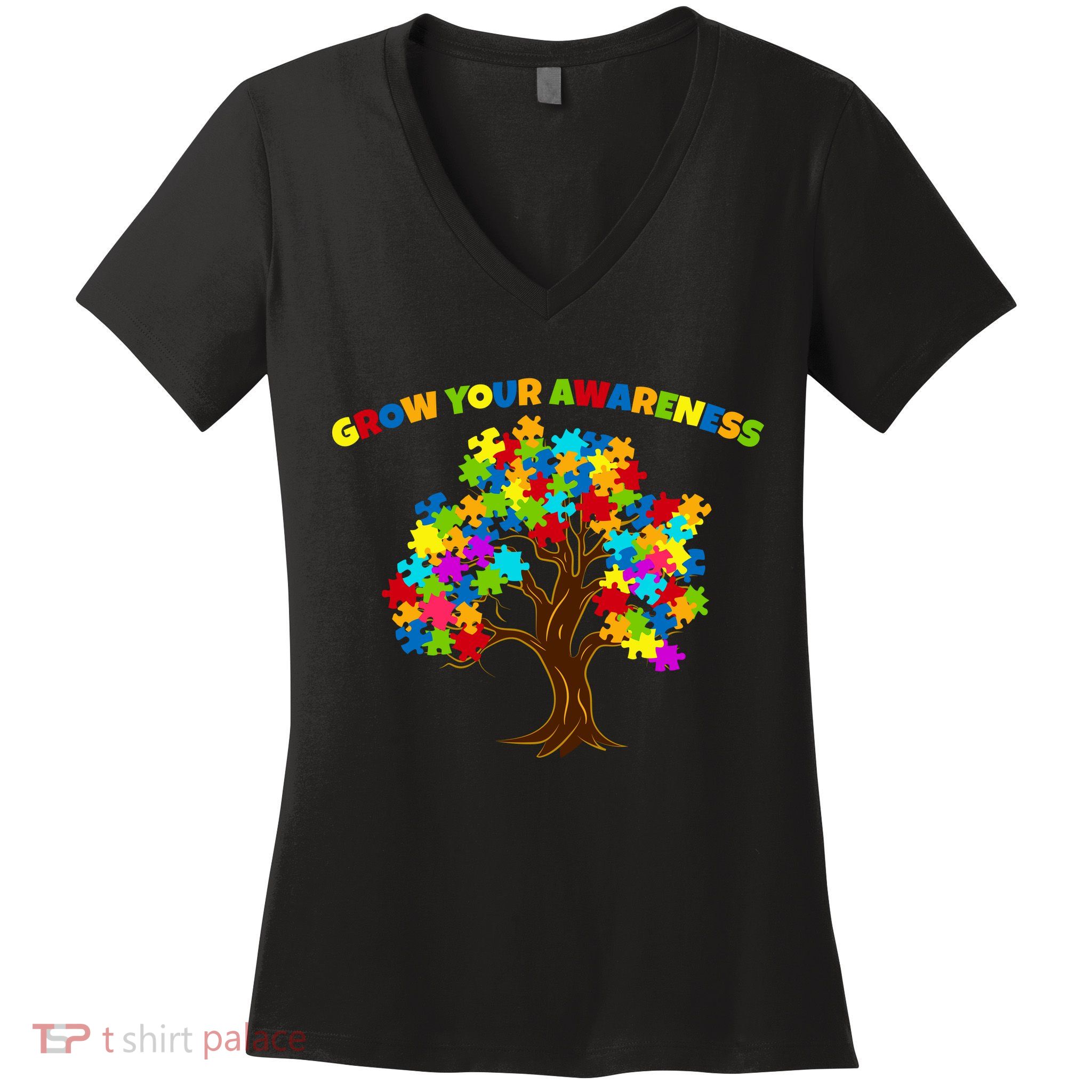 Grow Your Awareness Autism Puzzle Tree Women's V-Neck T-Shirt