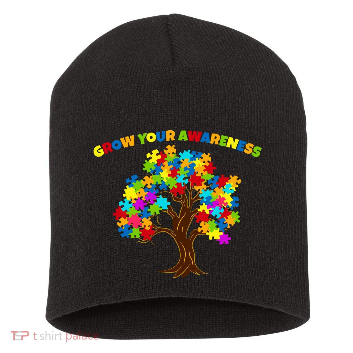 Grow Your Awareness Autism Puzzle Tree Short Acrylic Beanie