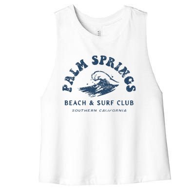 Groovy Retro Palm Springs Beach Surf Club Summer Vacations Women's Racerback Cropped Tank