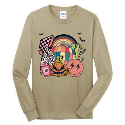 Groovy Retro Pumpkin Spice Hippie Funny Skeleton Halloween Tall Long Sleeve T-Shirt