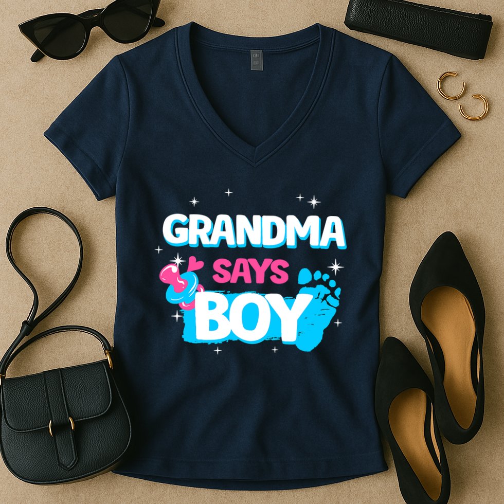 Gender Reveal Party Grandma Says Boy Team Boy Women's V-Neck T-Shirt